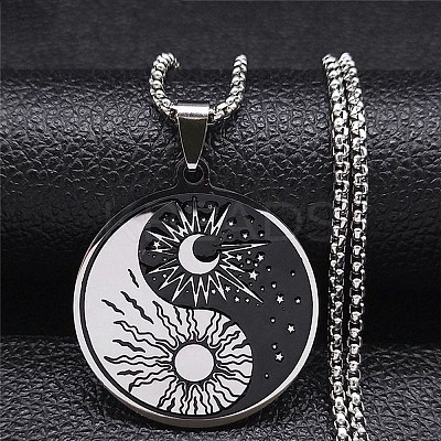 201 Stainless Steel Enamel Yin Yang with Sun & Moon Pendant Necklaces NJEW-G115-05P-1-1