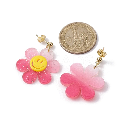 Sunflower with Smiling Acrylic Dangle Stud Earrings EJEW-JE05608-1
