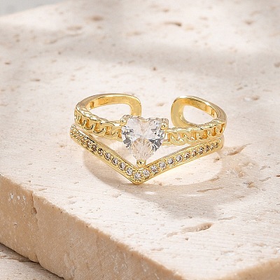 Rack Plating Brass Micro Pave Clear Cubic Zirconia Open Cuff Finger Rings for Women RJEW-M028-97G-1