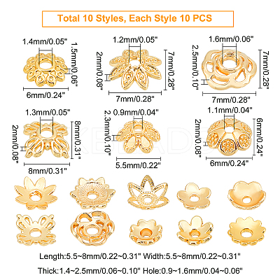 100Pcs 10 Style Brass Bead Caps FIND-PH0005-43-1