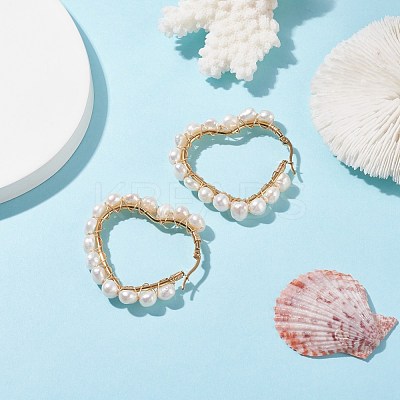 Natural Pearl Wire Wrapped Heart Big Hoop Earrings for Women EJEW-JE04796-02-1