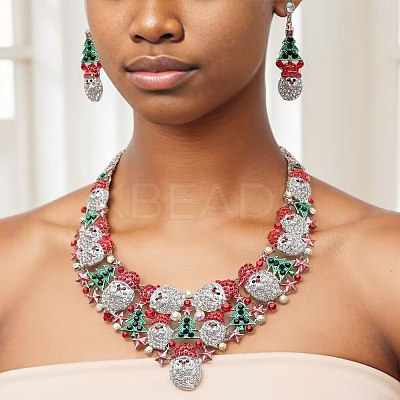 Christmas Santa Claus & Leaf Alloy Rhinestone Pendant Necklace & Stud Dangle Earrings Sets WGF6AE0-03-1