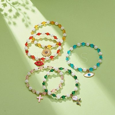 Acrylic Beaded Stretch Bracelet with Alloy Enamel Charms for Women BJEW-JB08727-1