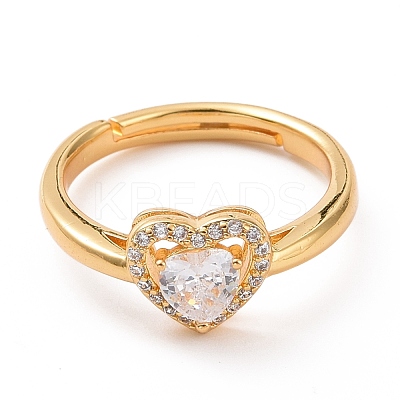 Clear Cubic Zirconia Heart Adjustable Ring RJEW-C029-05G-1