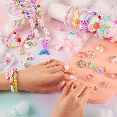 Flower & Shell & Watermelon & Rabbit Plastic Cuff & Adjustable Ring & Pendant Necklace & Stretch Bracelets SJEW-TA0001-02-1