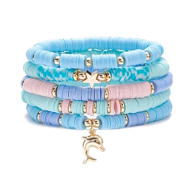 5Pcs 5 Style Polymer Clay Heishi Beaded Stretch Bracelets Set with Star and Dolphin Drop BJEW-JB07539-1