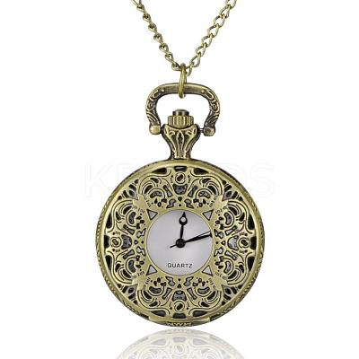 Filigree Flat Round Alloy Quartz Pocket Watches WACH-N039-14AB-1
