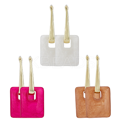 3 Pairs 3 Colors Rectangle Resin Hoop Earrings for Women EJEW-FI0002-64-1