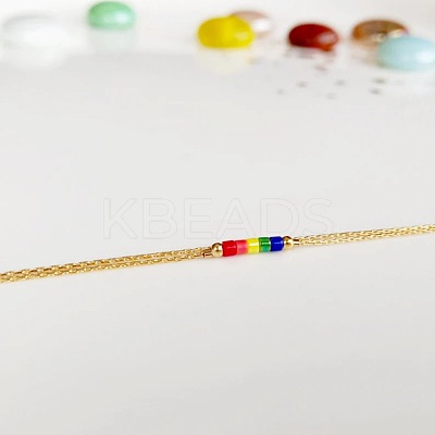 Rainbow Color Glass Beaded Double Layer Bracelets with Brass Chains for Women Elegant Jewelry RN7391-1