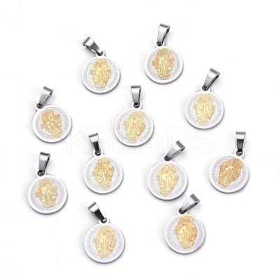 PVD Vacuum Plating Flat Round with San Benito & Word 304 Stainless Steel Charms STAS-I036-03B-1