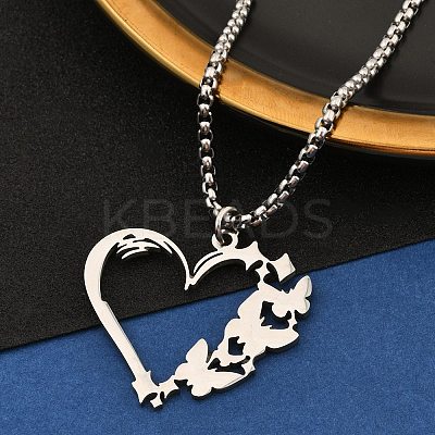 201 Stainless Steel Laser Cut Heart Butterfly Pendant Box Chain Necklaces for Women NJEW-Q004-06P-1