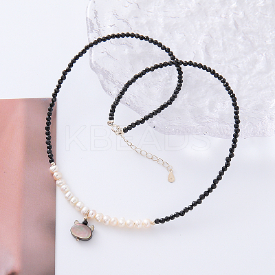 Cute Cat Head Pendant Silver Black Tourmaline Freshwater Pearl Necklace MQ9984-1