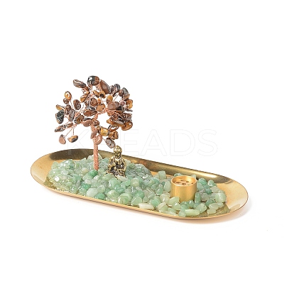 Natural Tiger Eye Money Tree Buddha Sculpture Set Incense Burner & Natural Green Aventurine on Trays for Wealth DJEW-G027-19RG-05-1