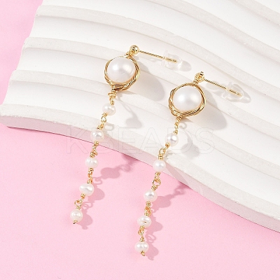 Round Brass Natural Freshwater Pearl Tassel Stud Earrings EJEW-U072-02G-1