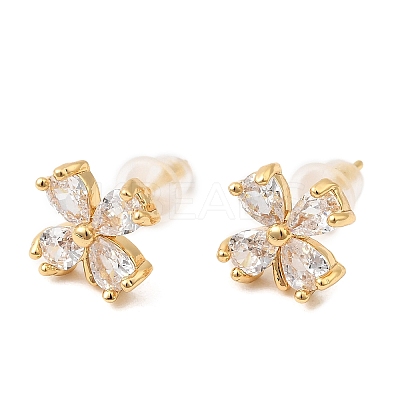 Flower Brass Micro Pave Clear Cubic Zirconia Stud Earrings EJEW-P331-10G-1