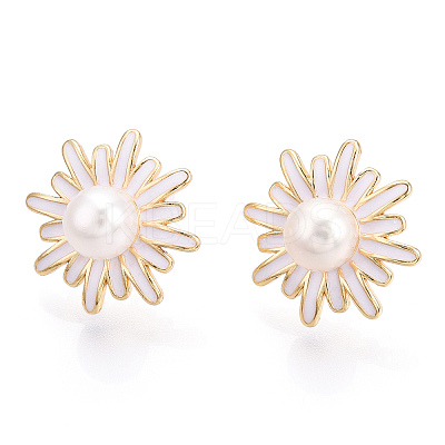 Daisy Flower Natural Pearl Stud Earrings with Enamel PEAR-N020-07G-1