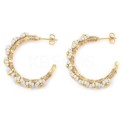 304 Stainless Steel & Bohemian Beaded C-Shaped with Flower Stud Earrings for Women EJEW-R001-03G-02-1