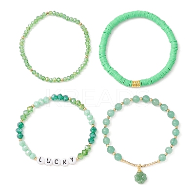 4Pcs 4 Style Glass & Polymer Clay Beaded Stretch Bracelets Set with Clover Charms BJEW-TA00305-1