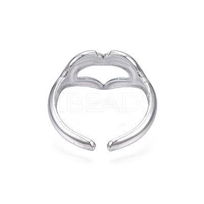 Non-Tarnish 304 Stainless Steel Heart Gesture Open Cuff Ring for Women RJEW-S405-260P-1