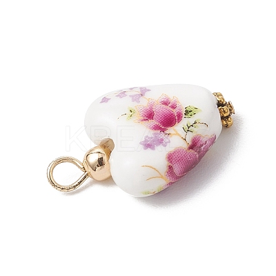 Heart Shaped Pink Floral Printed Porcelain Pendants PALLOY-JF03972-1
