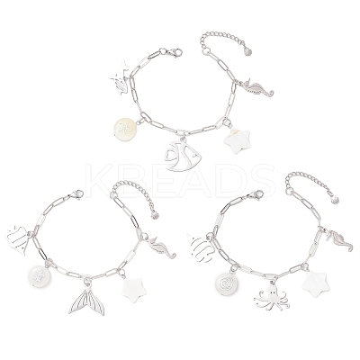 3Pcs Ocean Theme 304 Stainless Steel Charm Bracelets BJEW-JB12218-1