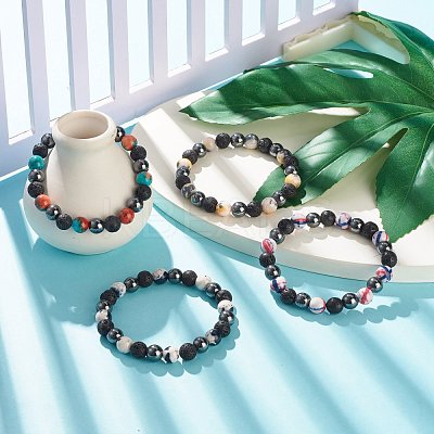 Gemstone & Lava Rock & Synthetic Hematite Round Beaded Stretch Bracelet BJEW-JB07972-1