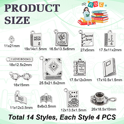 56Pcs 14 Styles Book Theme Tibetan Style Alloy Pendants FIND-GA0006-82-1