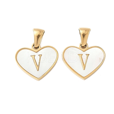 304 Stainless Steel Pave Natural White Shell Heart with Initial Slice Pendants STAS-R168-25G-V-1