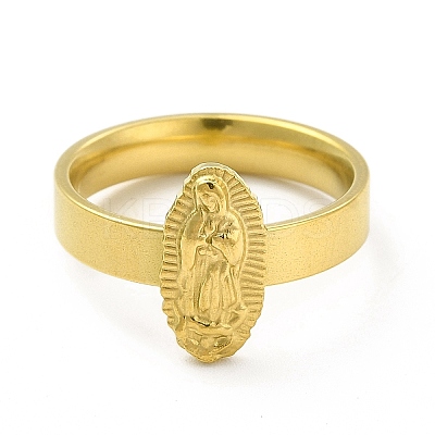 PVD Vacuum Plating 304 Stainless Steel Oval with Virgin Mary Finger Ring for Women RJEW-A013-02G-02-1