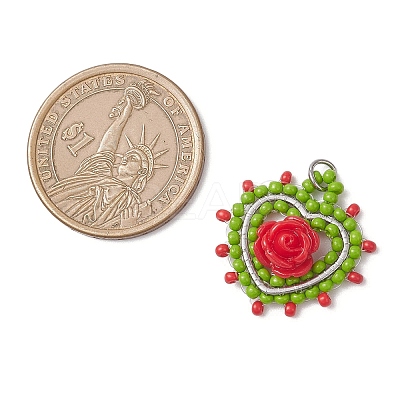 Glass Seed Beaded Heart with Rose Pendants PALLOY-MZ01030-05-1