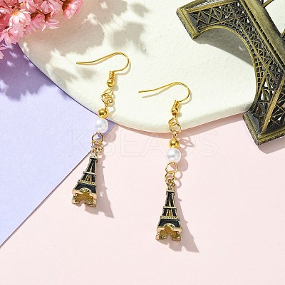 Alloy Enamel Eiffel Tower Dangle Earrings with Imitation Pearl Beaded EJEW-JE05422-04-1