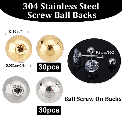 60Pcs 2 Colors Stainless Steel Ear Nuts STAS-BBC0003-34-1