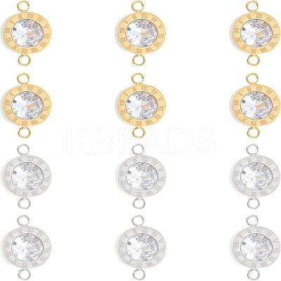 12Pcs 2 Colors 304 Stainless Steel Clear Cubic Zirconia Connector Charms STAS-UN0037-33-1