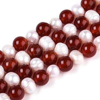 Natural Carnelian(Dyed & Heated) Round & Natural Cultured Freshwater Pearl Grooved Potato Beads Strands PEAR-N019-09-1