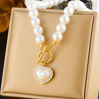 Imitation Pearl White Round Beaded 304 Stainless Steel Crystal Rhinestone Heart Pendant OT Necklaces FS-WG836AD-14-1