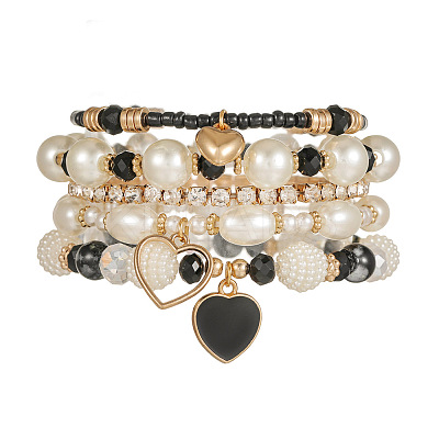 5Pcs 5 Styles Crystal Rhinestone & Plastic Pearl & Glass Beads Stretch Bracelets FS-WG170EC-02-1