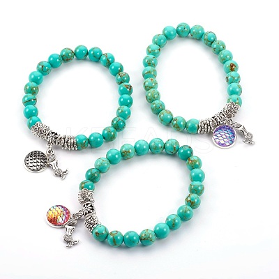 Synthetic Turquoise(Dyed) Beads Stretch Charm Bracelets BJEW-JB04024-M-1