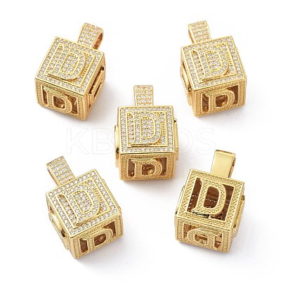 Alphabet Brass Micro Pave Clear Cubic Zirconia Pendants ZIRC-O045-01G-D-1