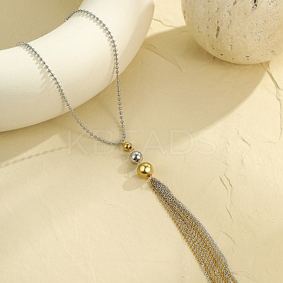 304 Stainless Steel Ball Chain Round Ball Tassel Necklaces for Women NJEW-G173-02C-GP-1