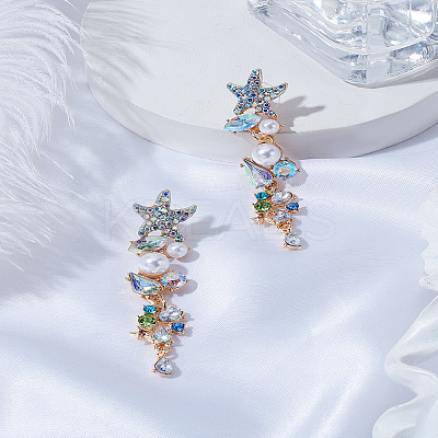 1 Pair Zinc Alloy Rhinestone Starfish Tassel Stud Earrings EJEW-LP0003-71-1