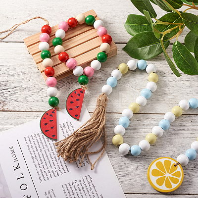 6Pcs 6 Style Wood & Fringed Beaded Pendant Decoration HJEW-CF0001-15-1