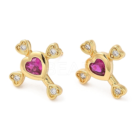 Rack Plating Brass Cross with Love Stud Earrings with Cubic Zirconia EJEW-D061-10G-1