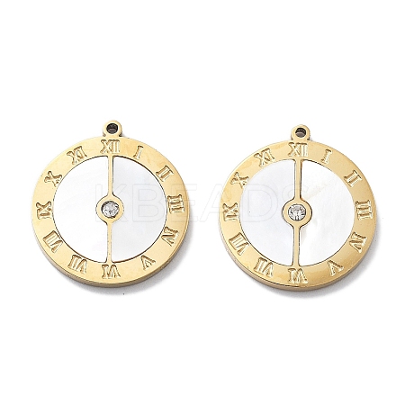 PVD Vacuum Plating 304 Stainless Steel Pave Shell Flat Round Roman Numerals Pendants STAS-R130-25G-1