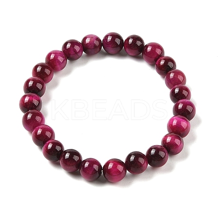 8mm Round Dyed Natural Magenta Tiger Eye Beaded Stretch Bracelets for Women Men BJEW-M318-01-1