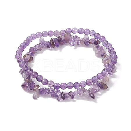 Chip & Round Natural Amethyst Beaded Stretch Bracelets for Women BJEW-JB10189-03-1