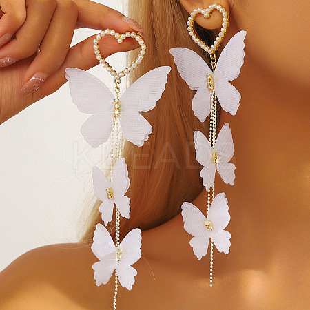 Heart with Butterfly Alloy Cloth Dangle Stud Earrings FS-WG4EAFC-01-1