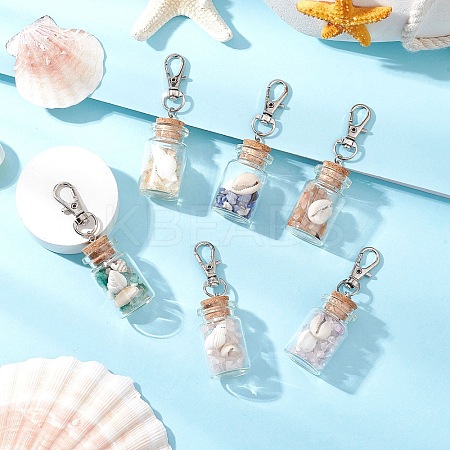 Natural Lapis Lazuli/Amethyst/Carnelian/Citrine/Rose Quartz/Amazonite Chip & Shell Beads inside Glass Wishing Bottle Pendant Decorations HJEW-JM03220-1