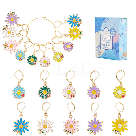 20Pcs 10 Styles Flower Alloy Enamel Pendant Locking Stitch Markers HJEW-SC00173-1