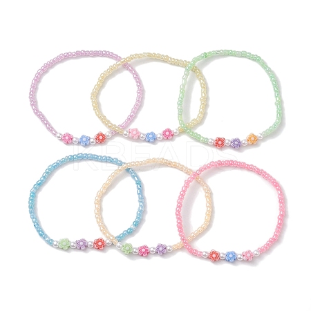 6Pcs 6 Colors Flower Acrylic Stretch Bracelets BJEW-JB10235-01-1