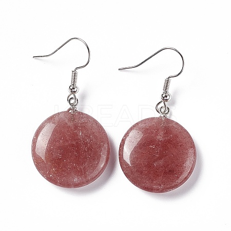 Natural Strawberry Quartz Flat Round Dangle Earrings EJEW-D188-03P-05-1